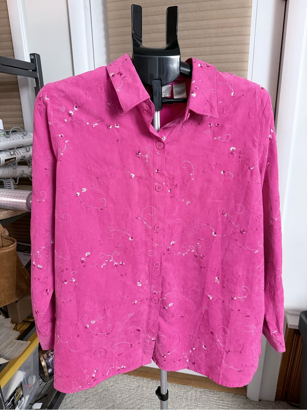 Hot pink faux suede Button-Up floral vine Embroidered Shirt 1X Studio Works